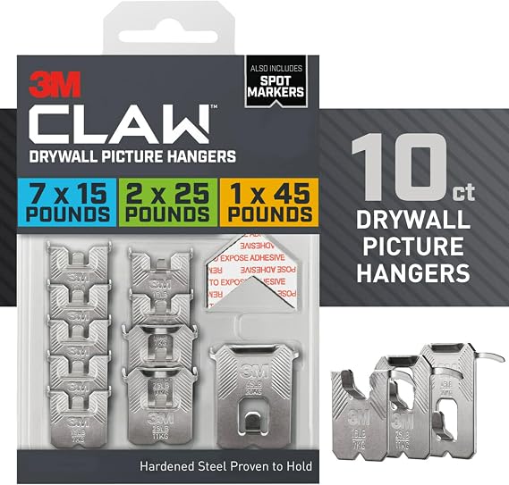 3M CLAW 45 lb Drywall Picture Hangers, 10 Wall Hangers, 10 Spot Markers