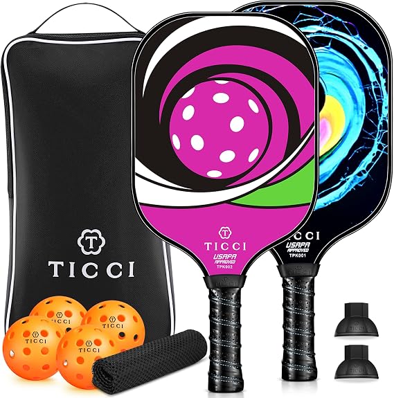 TICCI Pickleball Paddle, USAPA Approved Premium Fiberglass Pickleball Set of 2 Rackets with 4 Pickleballs, 1 Mesh Bag, 2 Ball Retriever & 1 Portable Carry Bag for Beginners and Professional Players