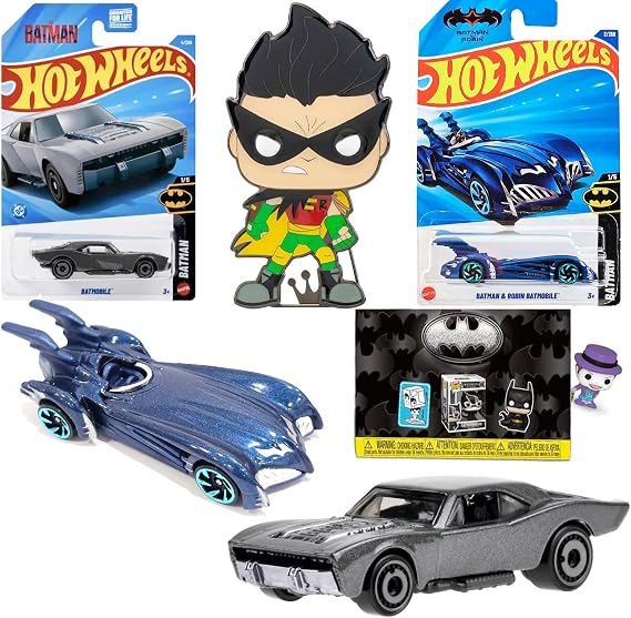 Hot Wheels King Batman & Robin Classic Car Batmobile with First Apparence Movie + DC Comics Teen Tian Display Character + Blind Bag Figure 4-Items