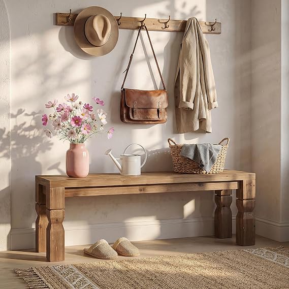 Solid Wood Bench, 140cm Long Farmhouse Wooden Bench Seat for Entryway