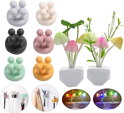 ZEZHOU Silicone Toothbrush Holders for Bathrooms - 6Pcs Razor Holder for Shower Wall Mounted  Sensor Led Mushroom Night Light - 2Pcs Color Changing Plug-in LED Mushroom Dream Bed Lamp