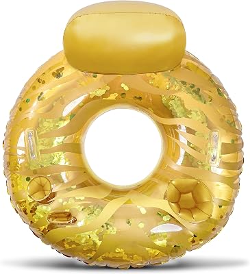 POZA Inflatable Luxury Tube with Back Rest - Big Luxurious Lounger Pool Float Tube Filled with Sparkle Confetti, Built in Phone Holder, Cup Holders, and Handles, Premium Thick Ring - 42 Inch