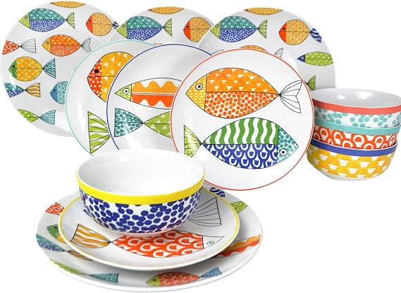 Euro Ceramica FreshCatch 12 Piece Dinnerware Set Service for 4 - Stoneware Indoor/Outdoor Use - No Mug - Cute Fish Pattern on White