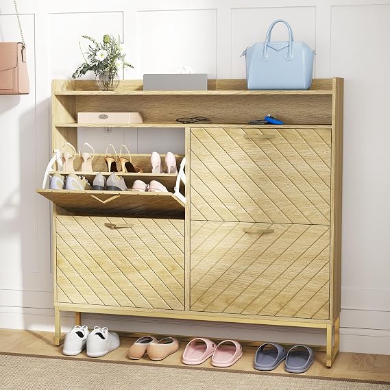 Hadulcet Fluted Shoe Cabinet Storage for Entryway, Narrow Hidden Shoe Storage Organizer with 4 Flip Drawers & Adjustable Shelves, Mid Century Modern Narrow Freestanding Shoe Racks Cabinet, Natural Oak