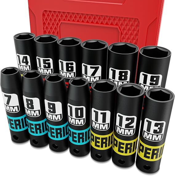 3/8 Inch Drive Impact Socket Se, 13 Piece Deep Sockets 7-19 mm, Metric Socket Set for Automotive Trucks Tractors Engines Repairing DIY Mechanic Tool