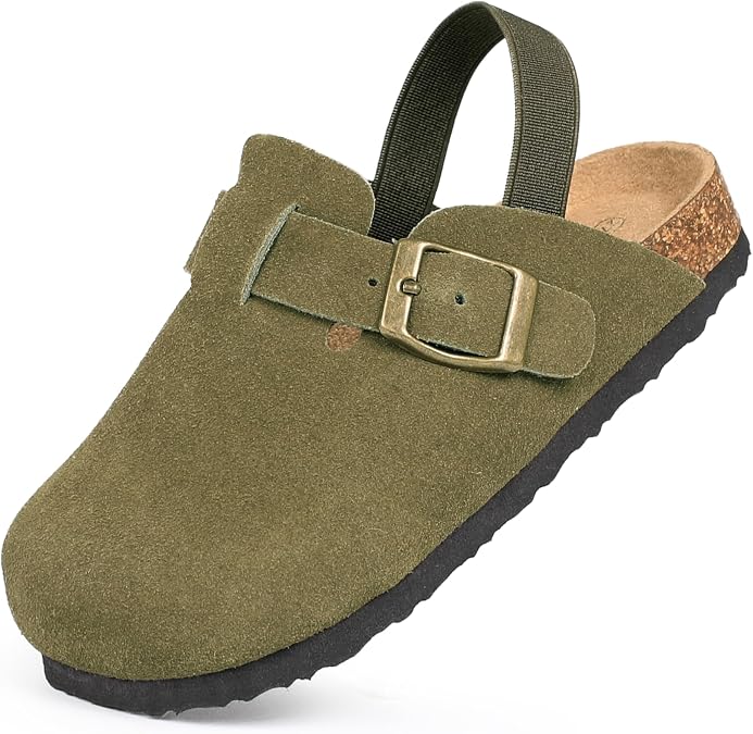 FANTURE Kids Suede Clogs Toddler Clogs Boys Girls Cork Footbed Sandals Adjustable Buckle Mules Kid Slippers Flat Shoes