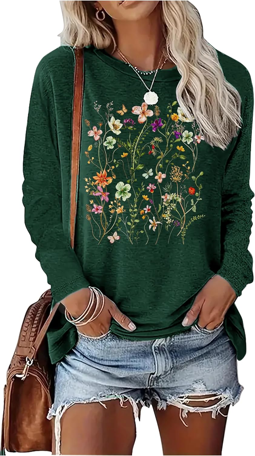 Boho Flower T Shirts for Women Floral Graphic Tees Nashville Music Long Sleeve Shirt Wildflower Causal Loose Tops Outfit