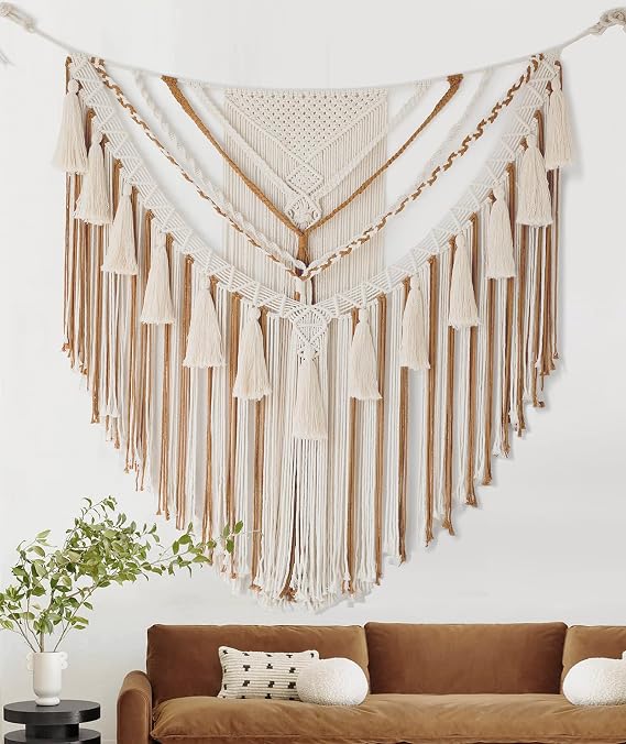 Jakalin Macrame Wall Hanging Brown Tan Panels Boho Yarn Wall Art 47" Wx55 L