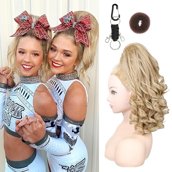 SEIKEA Cheer Ponytail Hair Piece, 14" Curly Cheerleader Hairpiece Ponytail Extension for Cheerleader Competition, Dance Light Blonde with Blonde Highlights