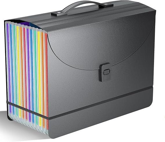 Expanding File Organiser Box File Folder with Handle,13 Pockets Filing Folders Concertina Files for Paperwork A4,Bill Receipt Paper Document Organiser for Home School Office,2X Tabs,Matte Coloured
