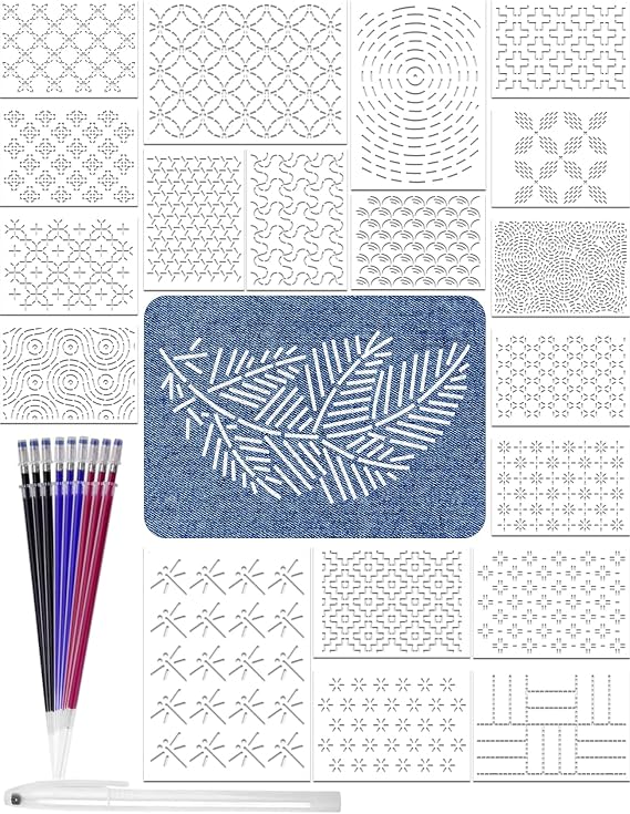 Gezan 20 Pcs Sashiko Stencils 8.3 x 5.9 Inch Plastic Sashiko Template Pattern Geometric Embroidery Stabilizers Drawing Line Template for Hand Quilting Sewing