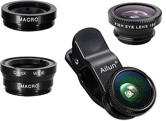 Ailun Phone Lens, 3 in 1 Clip on Fish Eye Lens+Wide Angle+Macro Lens | 180 Degree Fish Eye Lens, 0.65X Wide Angle, 10X Macro Lens, Universal HD Camera Lens kit, For Mobile Phone & Smartphone