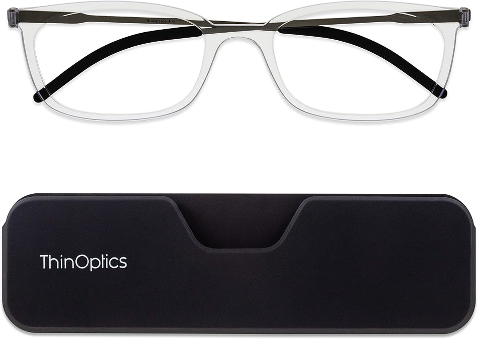 ThinOptics Unisex Adult Glasses Reading, Attachable Case / Rectangle Clear, 1.50 US