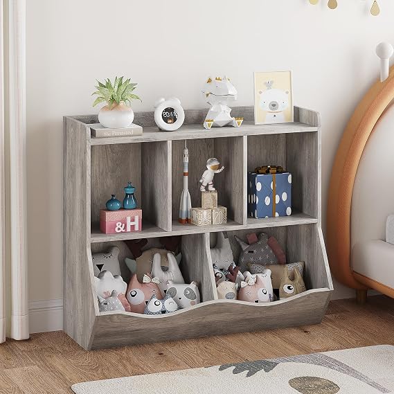 coucheta Kids Bookshelf and Toy Storage,36 Inch Toy Shelf with 4 Cubby, Multifunctional Storage Chest for Books,Toys, Wooden Toy Storage Organizer for Nursery, Playroom and Bedroom(Grey)