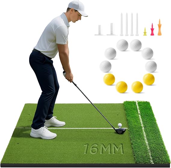 Golfguru Golf Mat, 5x4FT Dual Turf Hitting Mat with Alignment Aid