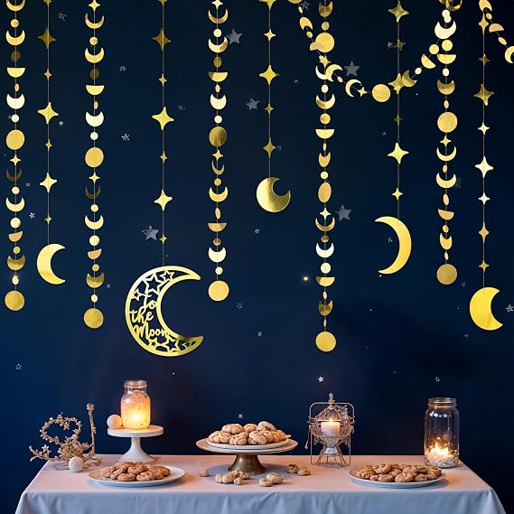 Cheerland Gold Star Moon Garlands Celestial Party Decoration Witchy Birthday Decorations Gold Star Garland Eid Mubarak Banner Ramadan Decor Whimsical Hanging Backdrop