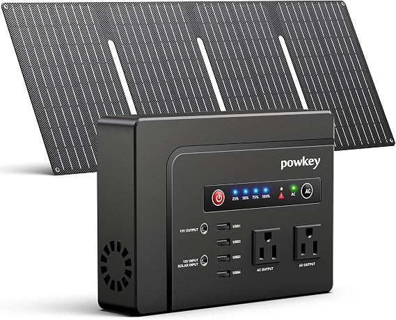 200W Solar Powered Generator, Portable Power Station with Solar Panel 40W | Powkey 146Wh Power Bank with 120V AC Outlet, Pure Sine Wave Lithium Battery for Outdoor Camping Emergency Home