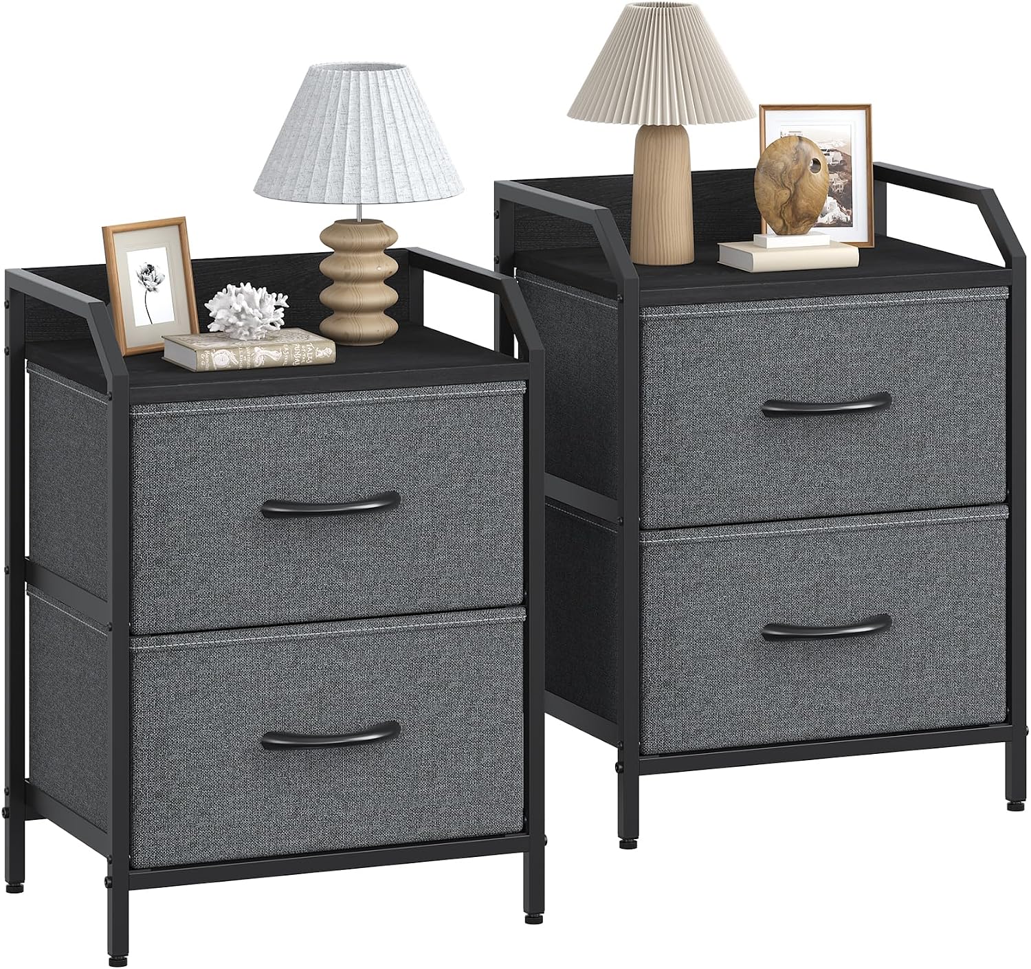 Bedside Tables, Bedside Cabinets Set of 2, Nightstand With Large Capacity Fabric Bedside Drawers, Metal Frame With Wooden Top, 2 Drawer Storage Bed Side Table For Bedroom, Deep Grey