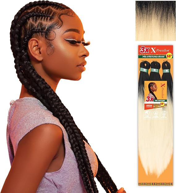 Sensationnel X-pression Pre Stretched Braiding Hair 3 x Braids 58" All Kanekalon Flame Retardant Synthetic Braid for Box Braids and Twists (1 Pack, T1B/613)