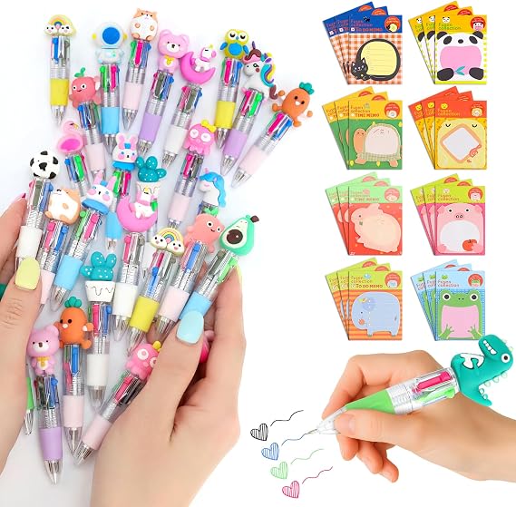 24 Pack Cute Multicolour 4-in-1 Pens and Animal Sticky Notes Set