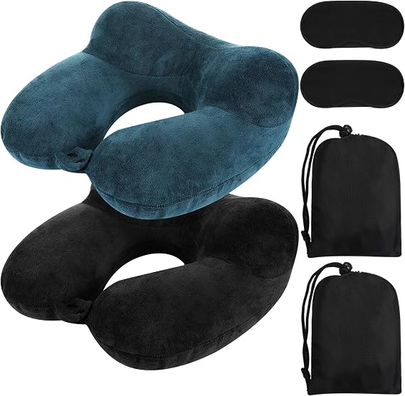 Sintuff 2 Pack Inflatable Travel Neck Pillow Airplane, Peacock Green,Black