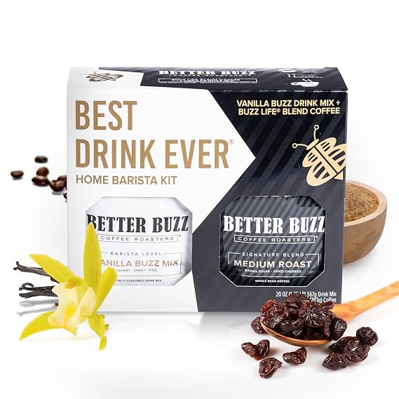 Better Buzz Best Drink Ever Home Carry Kit 30oz., 10oz. Medium Roast Whole Bean Coffee (Buzz LIfe), 20oz. Vanilla Coffee Creamer Powder (Vanilla Buzz)