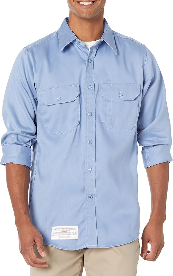 Bulwark Flame Resistant 6 oz Cotton/Nylon Excel FR ComforTouch Regular Uniform Shirt with Straight Back Yoke, Topstitched Cuff, Light Blue, X-Large