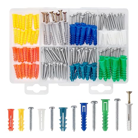 Drywall Anchor Kit with Screws,144 PCS Colors Screw and Anchor Set Includes 6 Sizes Plastic Wall Anchors and Self-Tapping Screws for Drywall with Organizer Case (144 PCS)