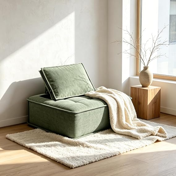 Modular Sofa Single Seater, 95cm Wide Armless Floor Cushion Chair with Adjustable Backrest, Modern Velvet Lounge Chair with Removable Pillow for Small Living Room & Apartment (Green)