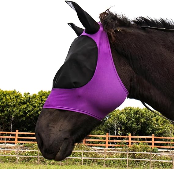 Horse Fly Mask with Ear Holes Elasticity & Breathable Fabric Visible Sunshine Avoid Eyes Protection for Average Size Horses (Purple)