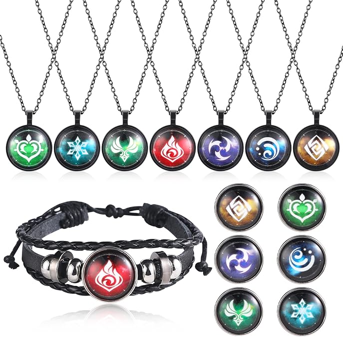 [7PCS Genshin Impact Necklace & [1PCS] Adjustable Bracelet, Necklace Game Eye of God Cosplay Inspired Jewelry Gift for Game Lovers, Pendant for Boys Men Girls Women