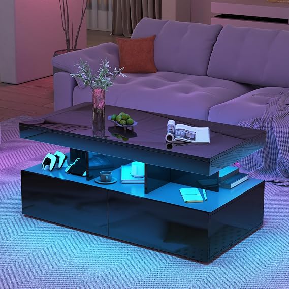 High Gloss Coffee Table for Living Room, Rectangle Centre Table with Open Display Shelf and 2 Drawer Storage, Modern Wooden Tea Table Sofa Table with LED RGB Lights for Home Office (Black)