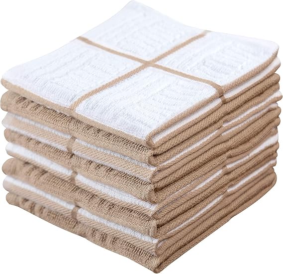 Kitchen Towels Dishcloths 100% Cotton, Set of 8, Tan and White Dish Cloth Towels, Tea Towels, Reusable and Absorbent Cleaning Cloths, Oeko-Tex Cotton, 12 in x 12 in