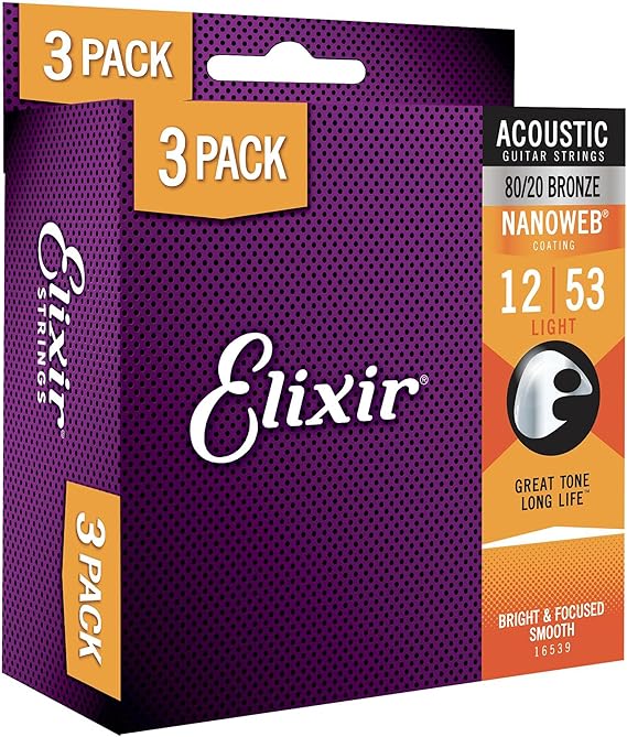 Elixir Strings, Acoustic Guitar Strings, 80/20 Bronze with NANOWEB Coating, Longest-Lasting Bright and Focused Tone with Comfortable Feel, 3 Pack, Light 12-53