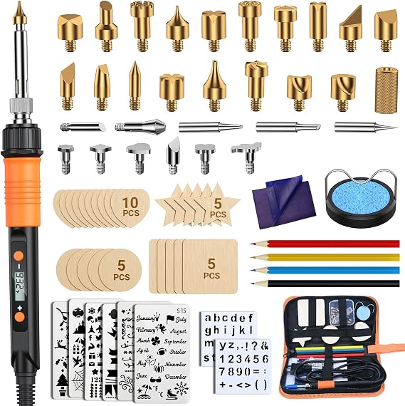 Wood Burning Kit with Digital LCD Display, 100W Fast Heating Pyrography Tool Set, Adjustable 392932F Temperature, 29 Tips, Stencils, Colored Pencils & Wood Pieces for Beginners and Professionals