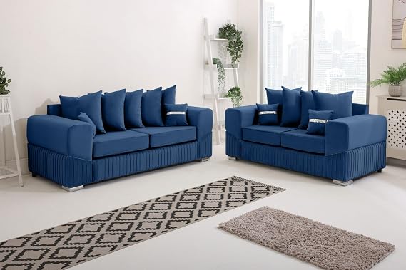Sofahub NOVA Blue Plush Velvet 3 + 2 Sofa Set | Solid Hardwood Frame | Reflex Foam Cushions | Chrome Legs | Luxury Modern Scatterback Velvet Sofa Set for Living Room (Blue, 3+2 Sofa Set)