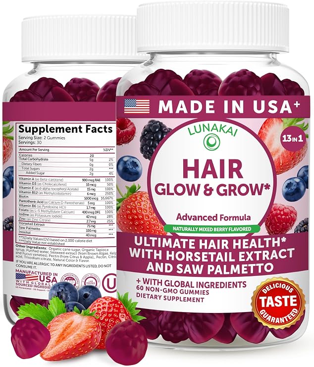 Lunakai USA Made Super Hair Gummies with Biotin, Zinc, Horsetail Extract & Saw Palmetto - Hair Growth Vitamins for Women & Men Supports Thicker, Longer, Stronger Tresses, Skin & Nails, 60ct