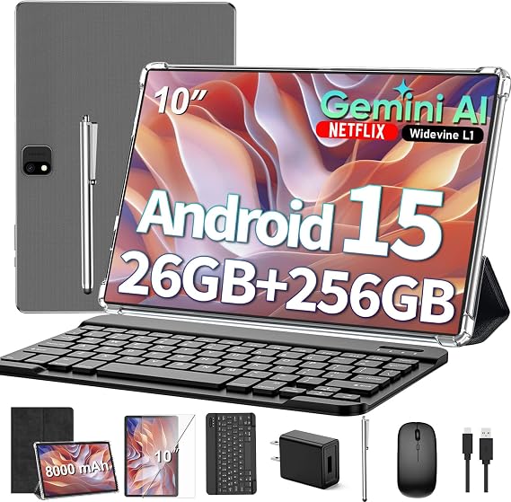 2026 Gemini AI 10 inch Tablet - Android 15 Tablet with Keyboard, Black Case
