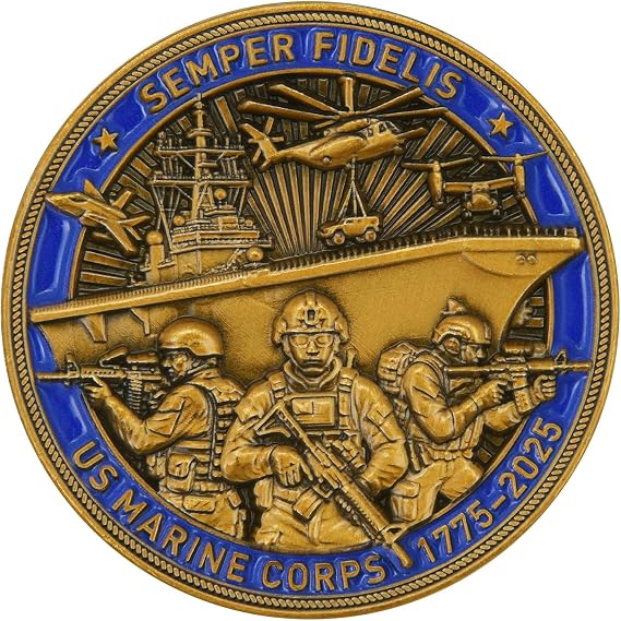 United States of America Marine Corps 250th Anniversary Challenge Coin, 3D Laser Color Printed, Zinc Alloy Collectible Coin with Eagle Globe & Anchor Design, Semper Fidelis Commemorative Gift