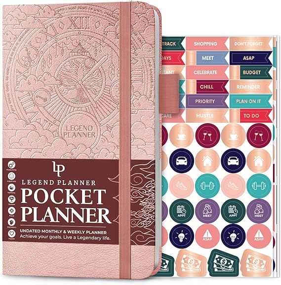 Legend Planner Pocket Small Undated Monthly & Weekly Goal Journal and Calendar for Productivity, Mini Life Organizer Planner Perfect for Purse, Size: 3.5" x 6.2" Hardcover Rose Gold