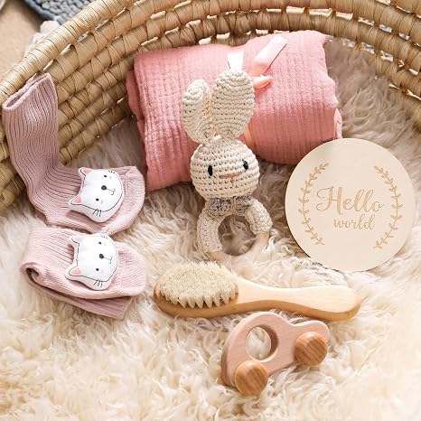 Youuys 7-Piece Baby Gift for Newborn Baby Gift Girl Boy Bath Towels Rattle Wooden Toy Milestone Cards Socks Brush Gift Wrapping Baby Shower (Habbit)