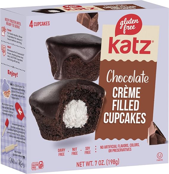 Katz Gluten Free Chocolate Creme Filled Cupcakes. Free of Dairy, Peanuts, Tree Nuts, and Sesame. Kosher, 7oz (1Pk)