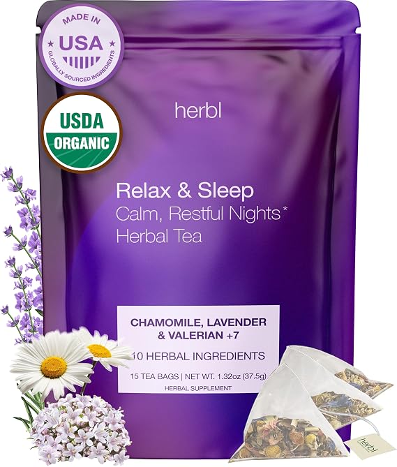 Organic Chamomile Lavender Tea - Relax & Sleep Tea - Chamomile Lavender Tea with Valerian, Passionflower, Lemon Balm and Extra Herbal Ingredients - The Ultimate USDA Organic Sleep Tea