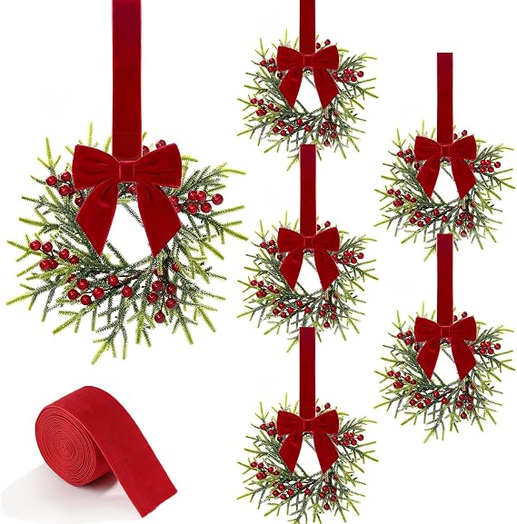 Christmas Kitchen Cabinet Wreaths with Red Velvet Ribbon