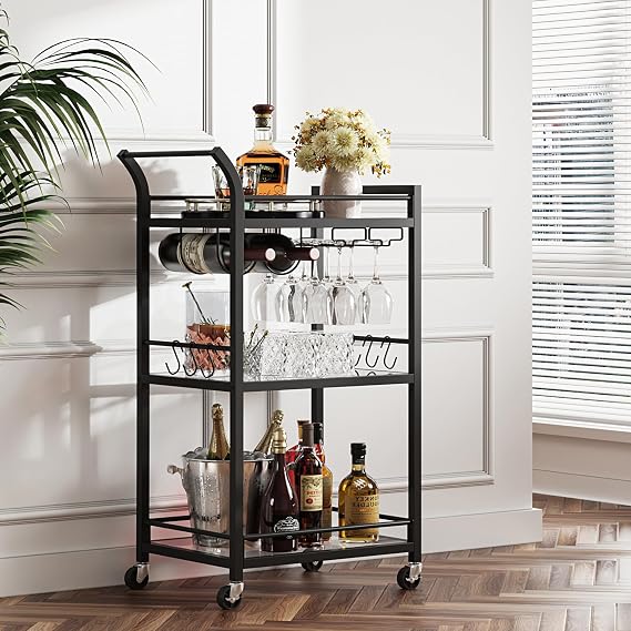 TUTOTAK Bar Cart with 3 Mirrored Shelves, Wine Rack & Glass Holder