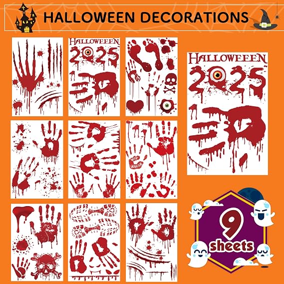 Halloween Party Decorations - Bloody Handprint Footprint Window Clings for Halloween Bathroom Decor Indoor Outdoor | Trick or Treat Stickers Decals for Office Door Wall Party Favors Supplies