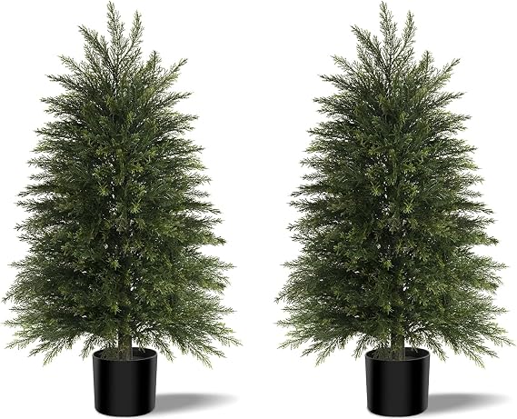 Artificial Cedar Trees 90cm 2 Set, Realistic Faux Evergreen Topiary Bushes Plants, Outdoor Potted Fake Cypress Shrubs for Front Porch Garden Home Living Room Decor