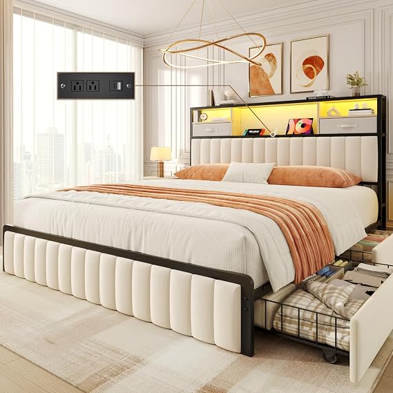 Lifezone Queen Bed Frame with Storage, Upholstered Platform Bed with Headboard and 4 Drawers, LED Lights and Charging Station, Noise Free, No Box Spring Needed, Easy Assembly, Metal Support, Beige