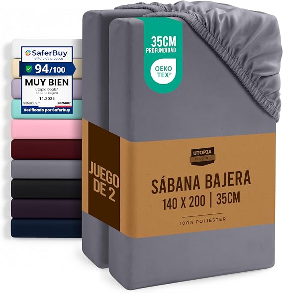 Utopia Bedding Set of 2 Fitted Sheet 140 x 200 – Grey – (140 Bed)