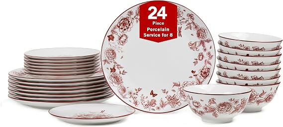 Stone Lain Esme 24-Piece Dinnerware Set Porcelain, Plates and Bowls Set, Dish Set for 8, Microwave and Dishwasher Safe, Red
